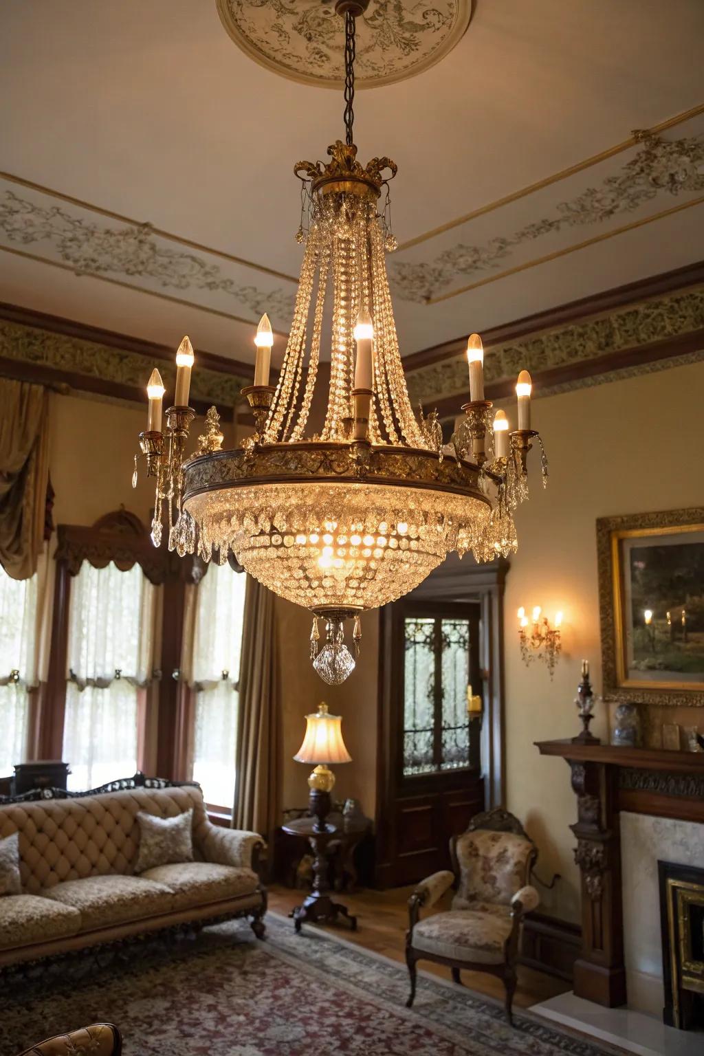 This ornate chandelier acts as a captivating centerpiece within the room.