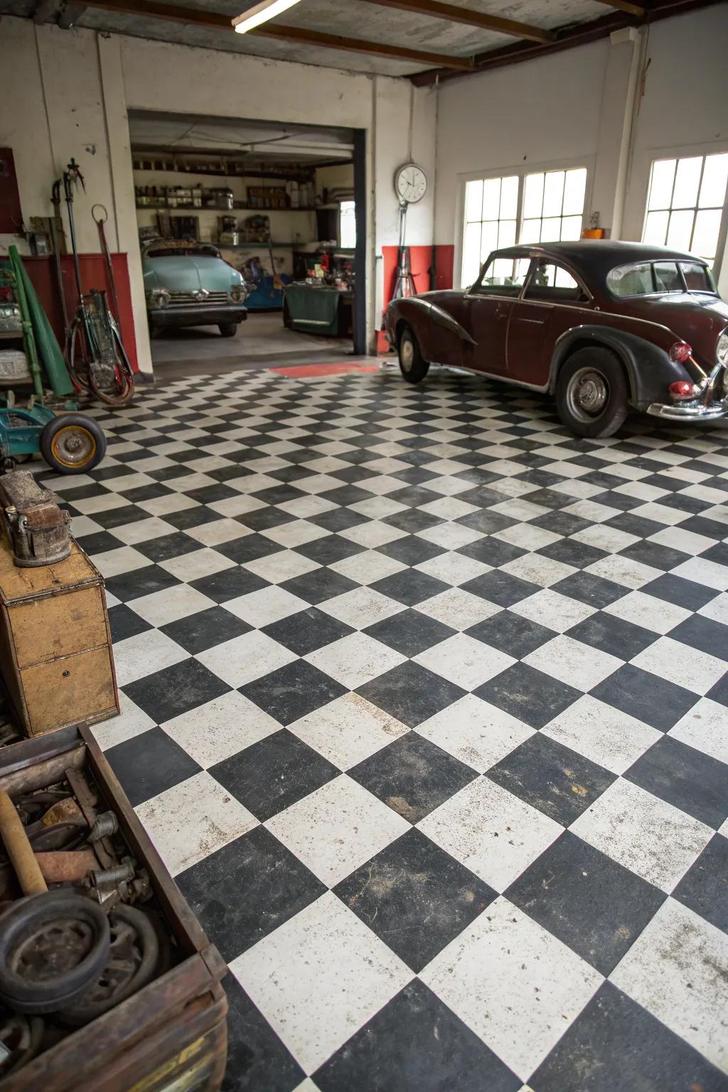 Harlequin floor tiles deliver an ageless appeal to a vintage garage.