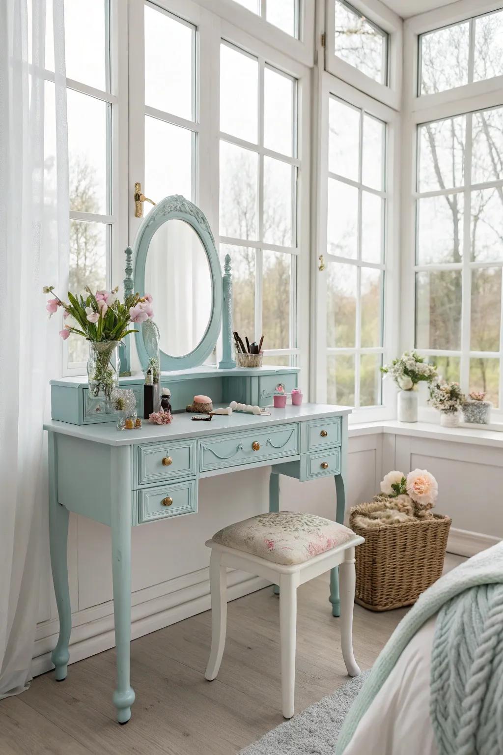 Faint color schemes fashion a tranquil and trendy vintage vanity atmosphere.
