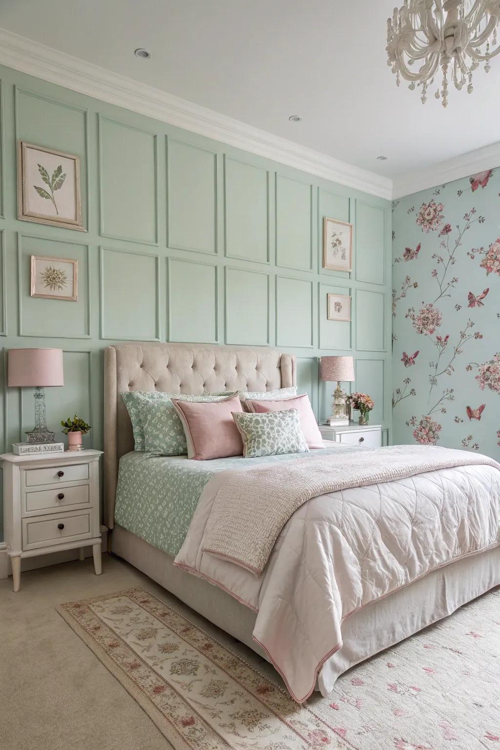 Light-toned paneling introduces a cheerful impression to your bedroom.