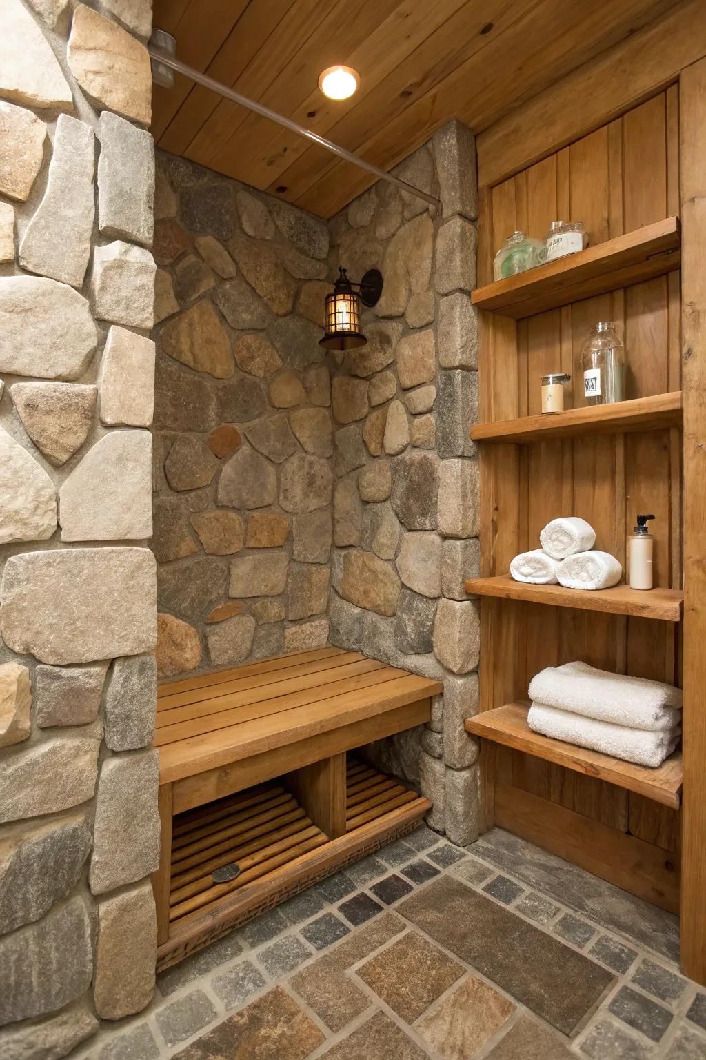 Rock shower enclosure with lumber seat and shelving.