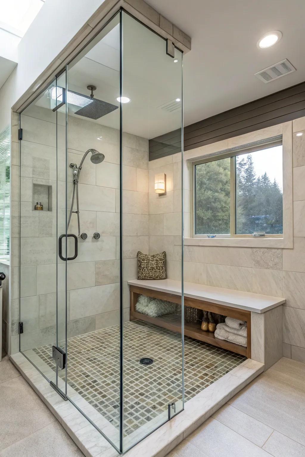 A built-in bench adds comfort and functionality to this walk-in shower.