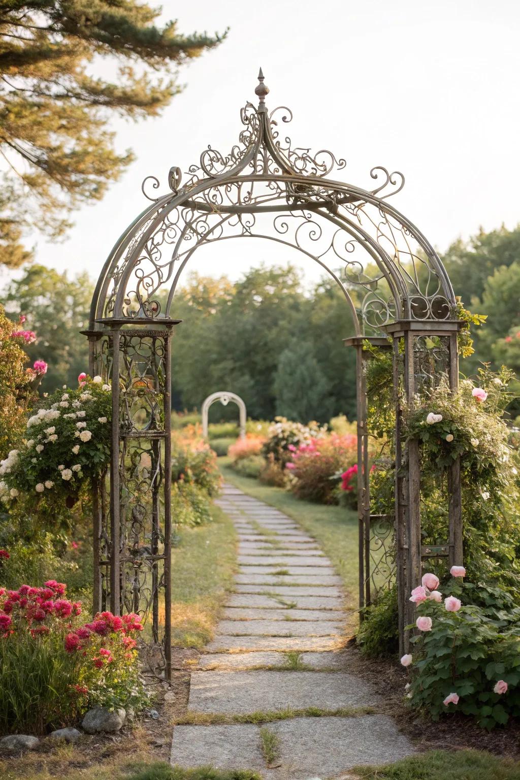 Antique iron arches bring a sense of charm and history to your garden.