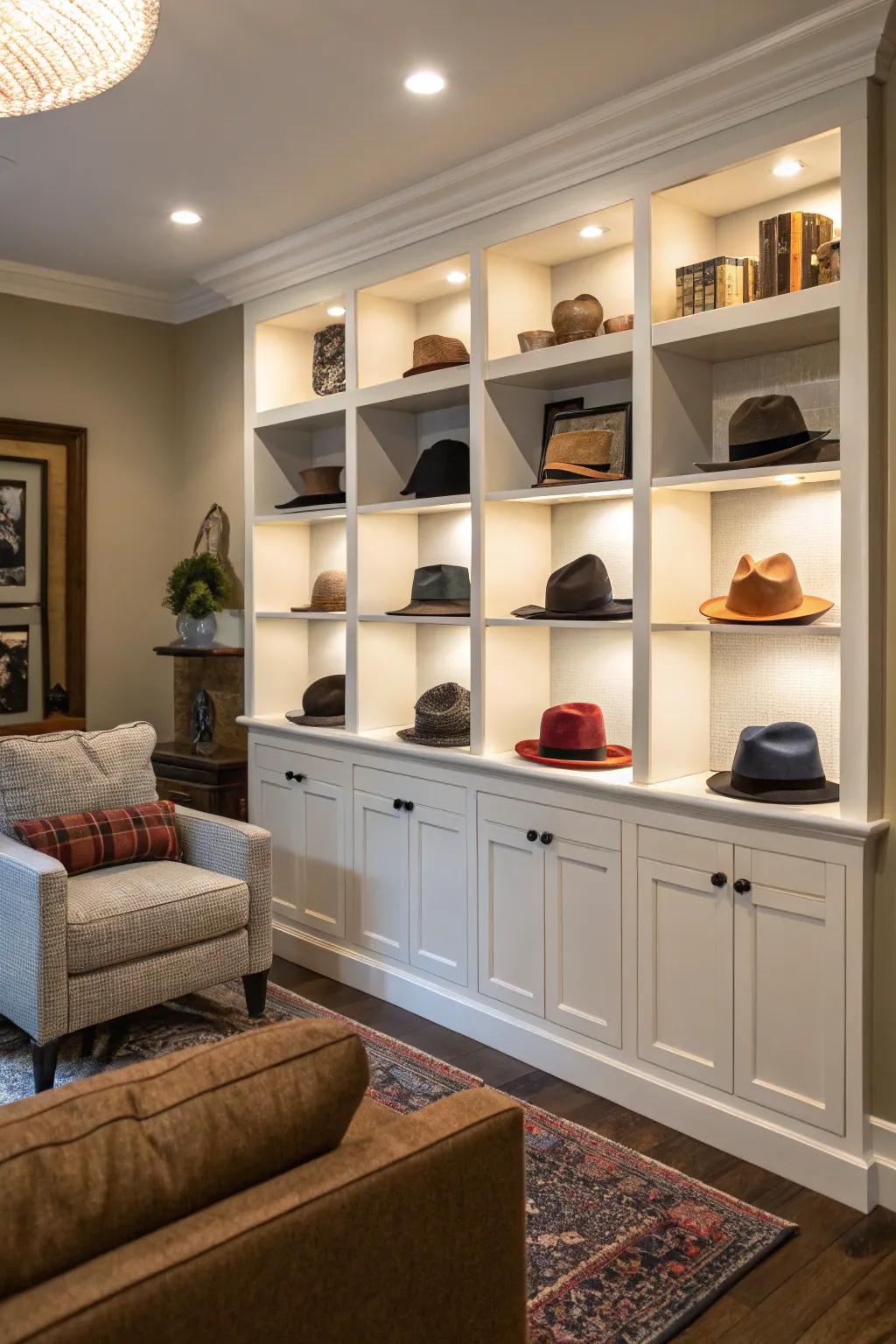 Custom shelving with individual compartments for hats