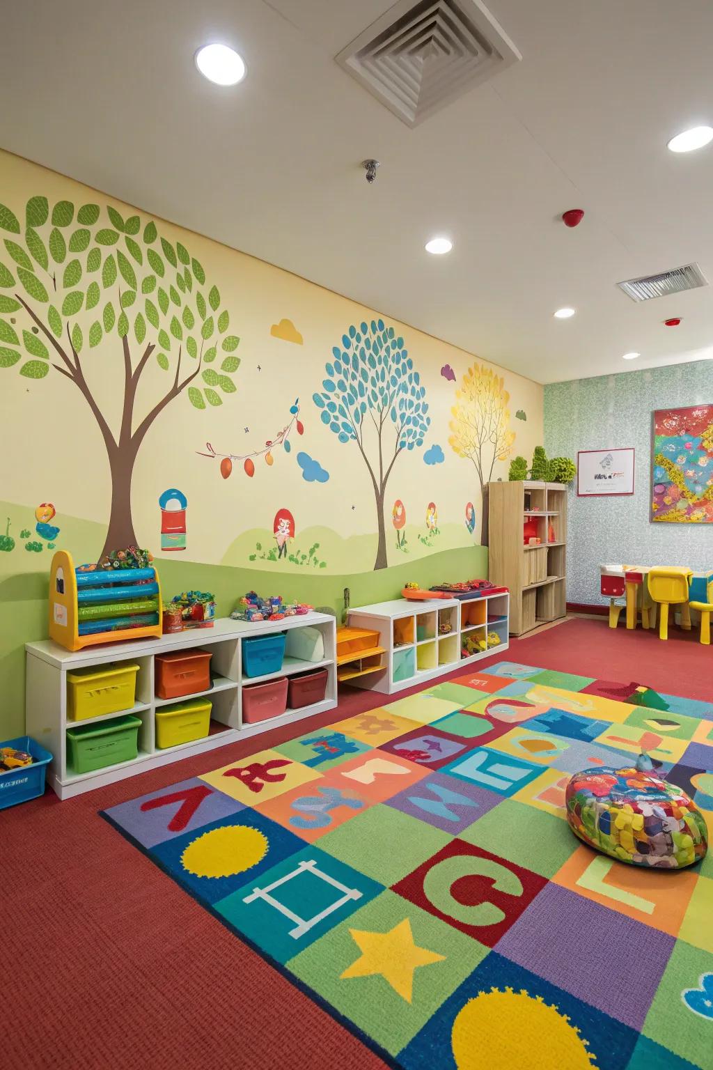 Vibrant carpets foster a playful and welcoming setting for children.