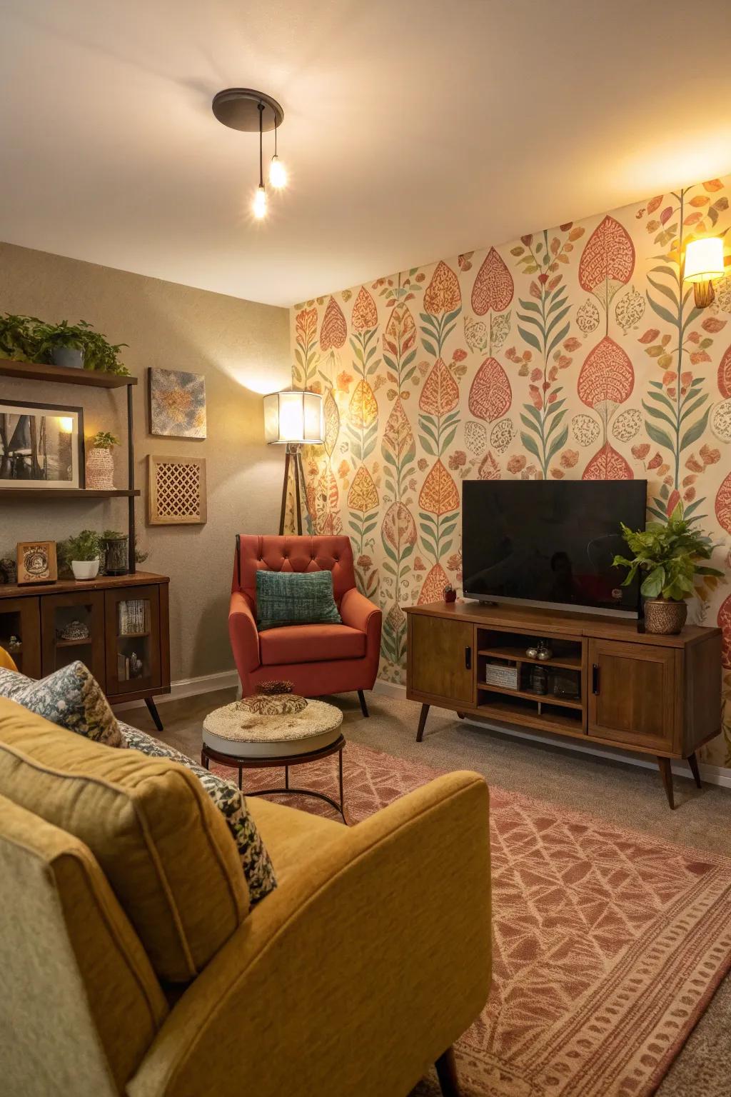 An accent wall with bold wallpaper creates a stunning focal point.