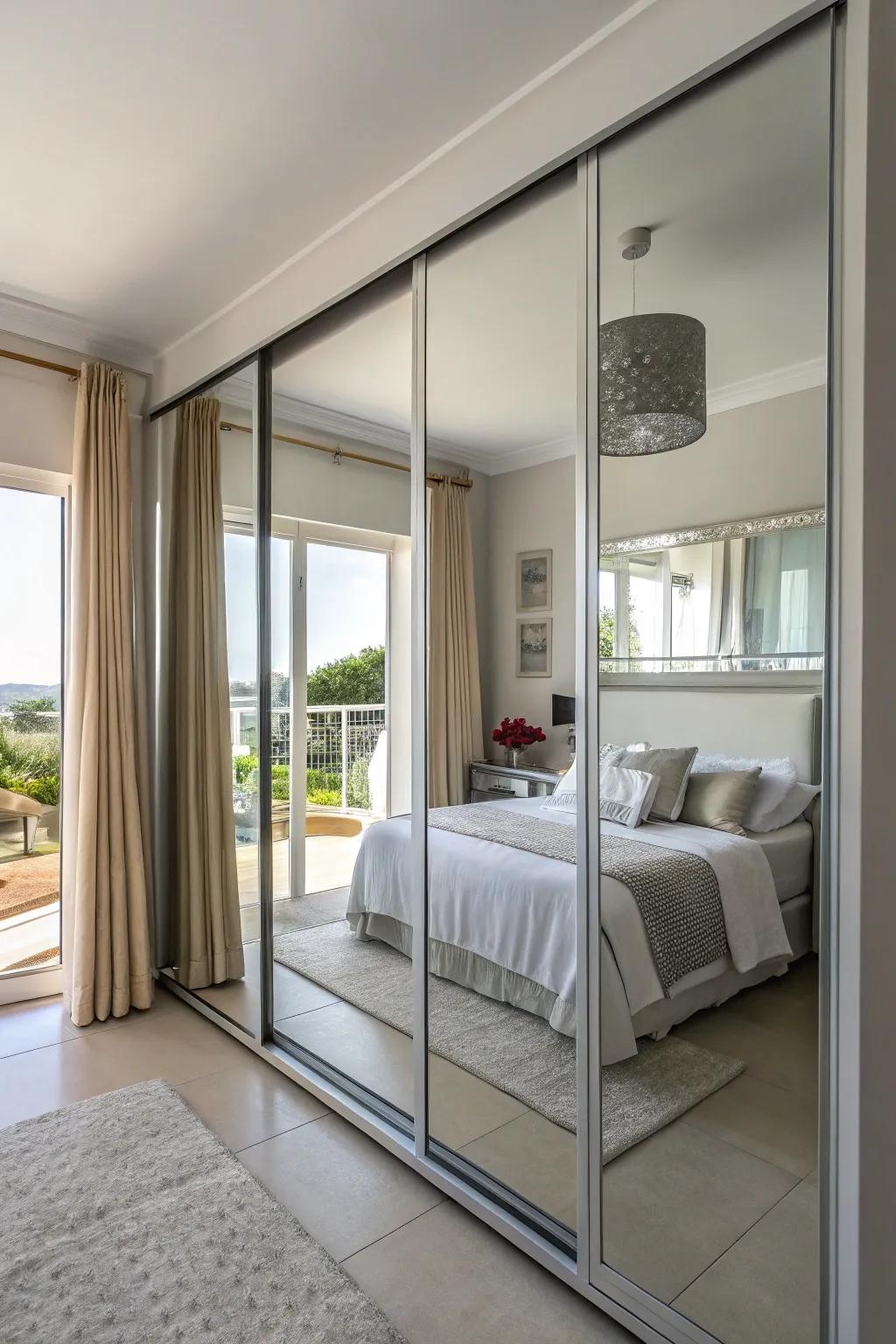 Mirrored closet doors for a spacious feel.