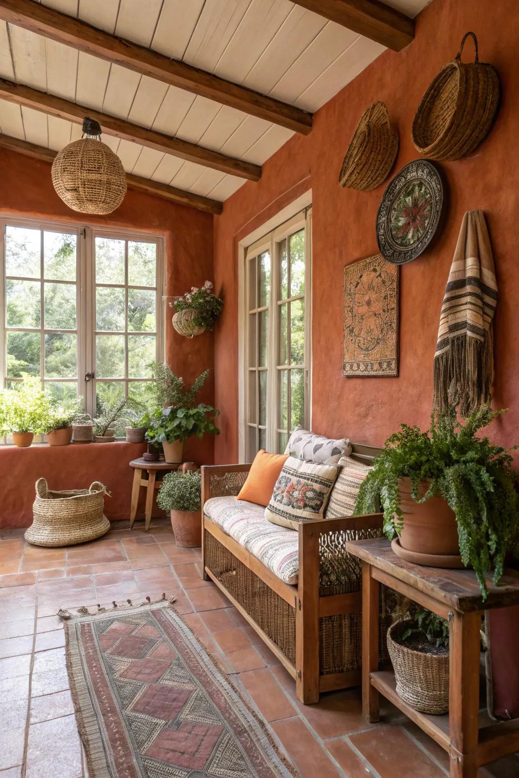 Sunroom with warm earthen walls, providing an earthy and snug hideaway.