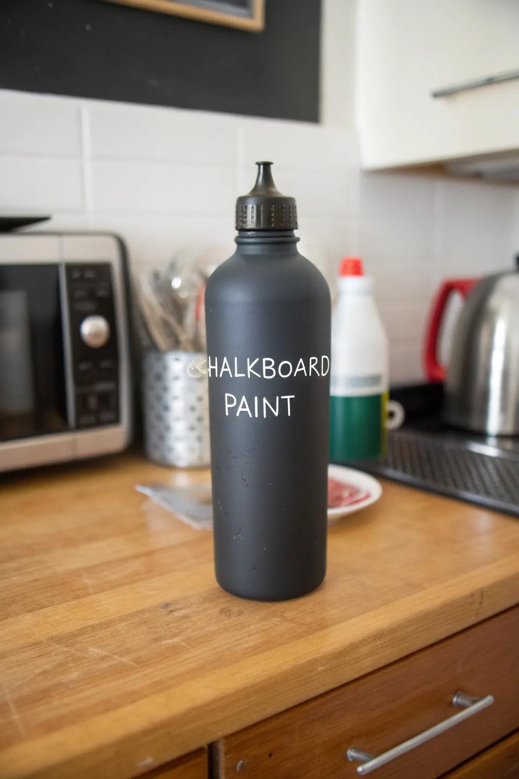 A beverage container coated in blackboard paint bearing a scribbled inscription.