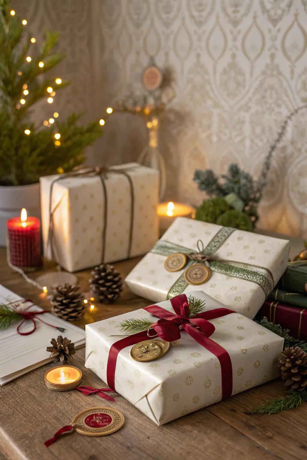 Gift wrapping enhanced with wax seals, adding an individualized and elegant accent.
