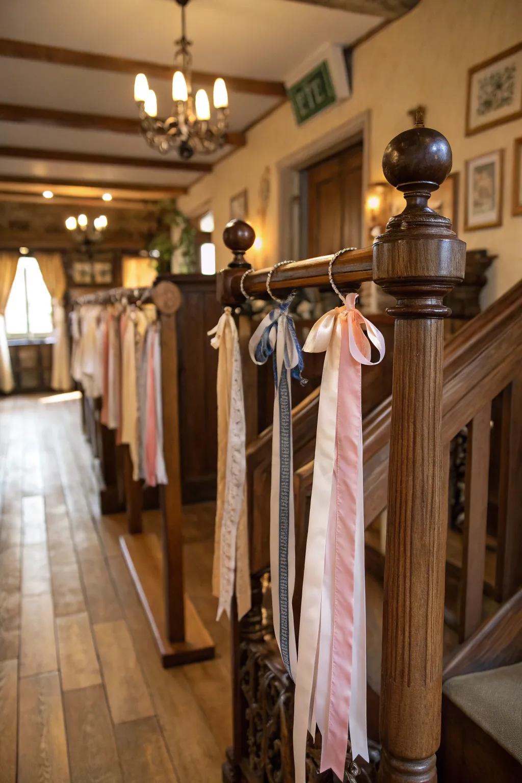Repurposed spindles serve as captivating ribbon stands.