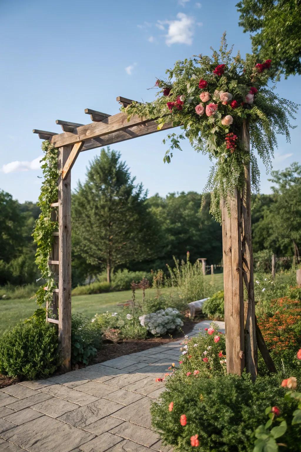 Rustic charm with a wooden arch backdrop.