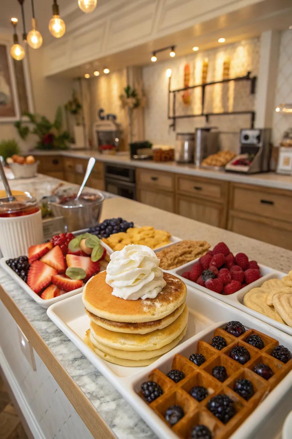 An appealing hotcake and waffle stand arranged for a delightful wedding breakfast.