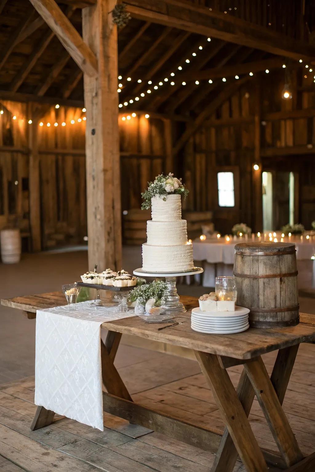 A country-style timbered surface offering a charming foundation for a wedding cake.
