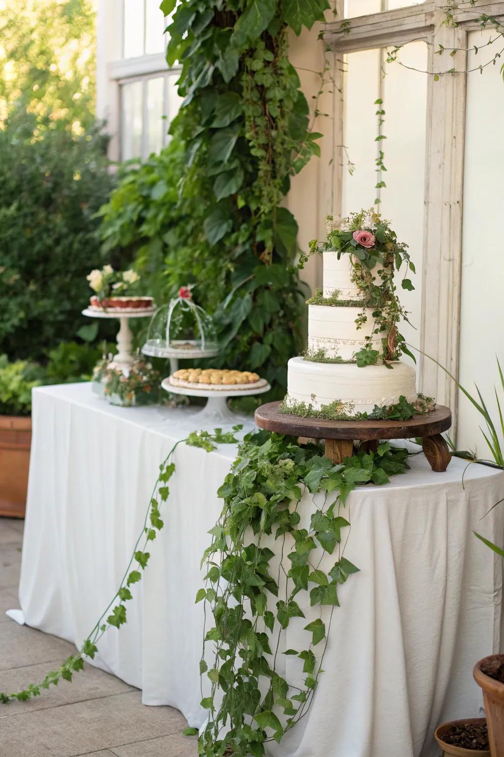 Greenery adds a natural touch to the cake table.