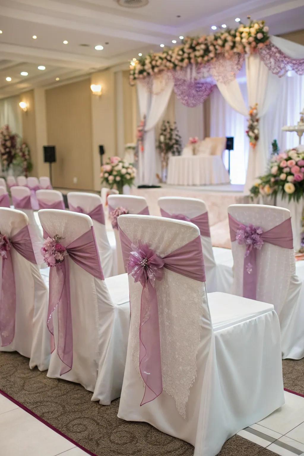 Synchronize seating dressings with your wedding's theme for a fluid visual.
