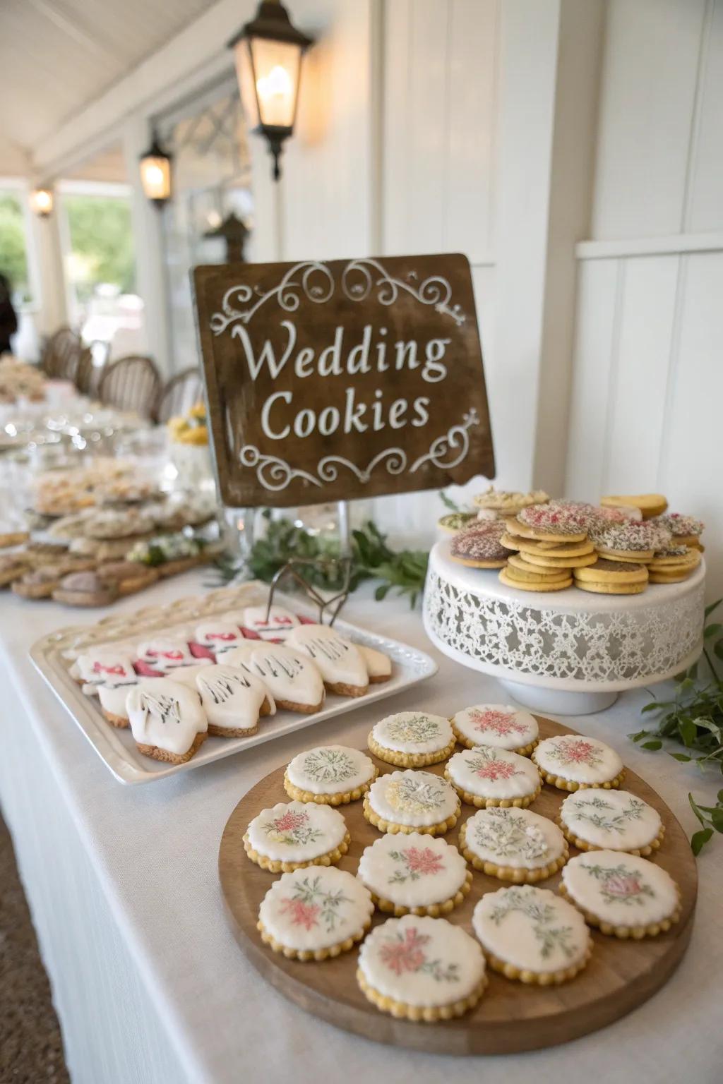 Individualized pastries and signs contribute a memorable aspect to a wedding dessert station.