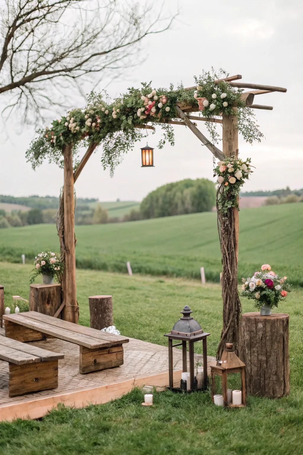 An outdoor wedding design showcasing countryside decorations and natural features, producing a charming ambiance.