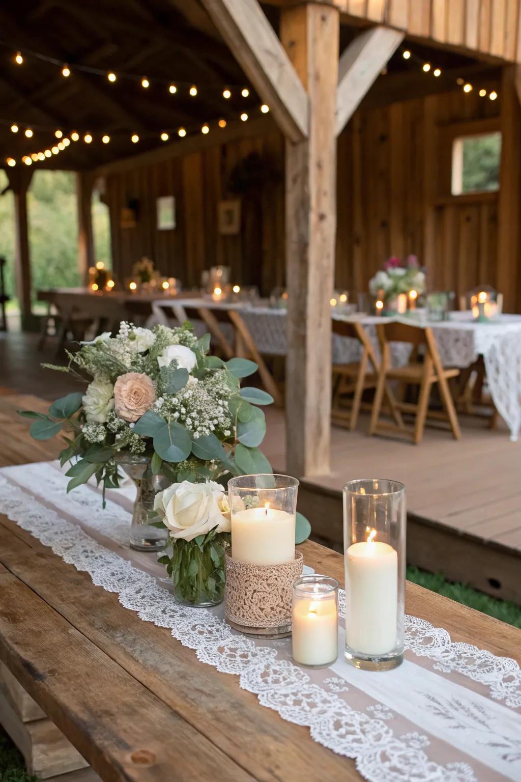 Country wedding decor featuring timber aspects and candles for a warm atmosphere.