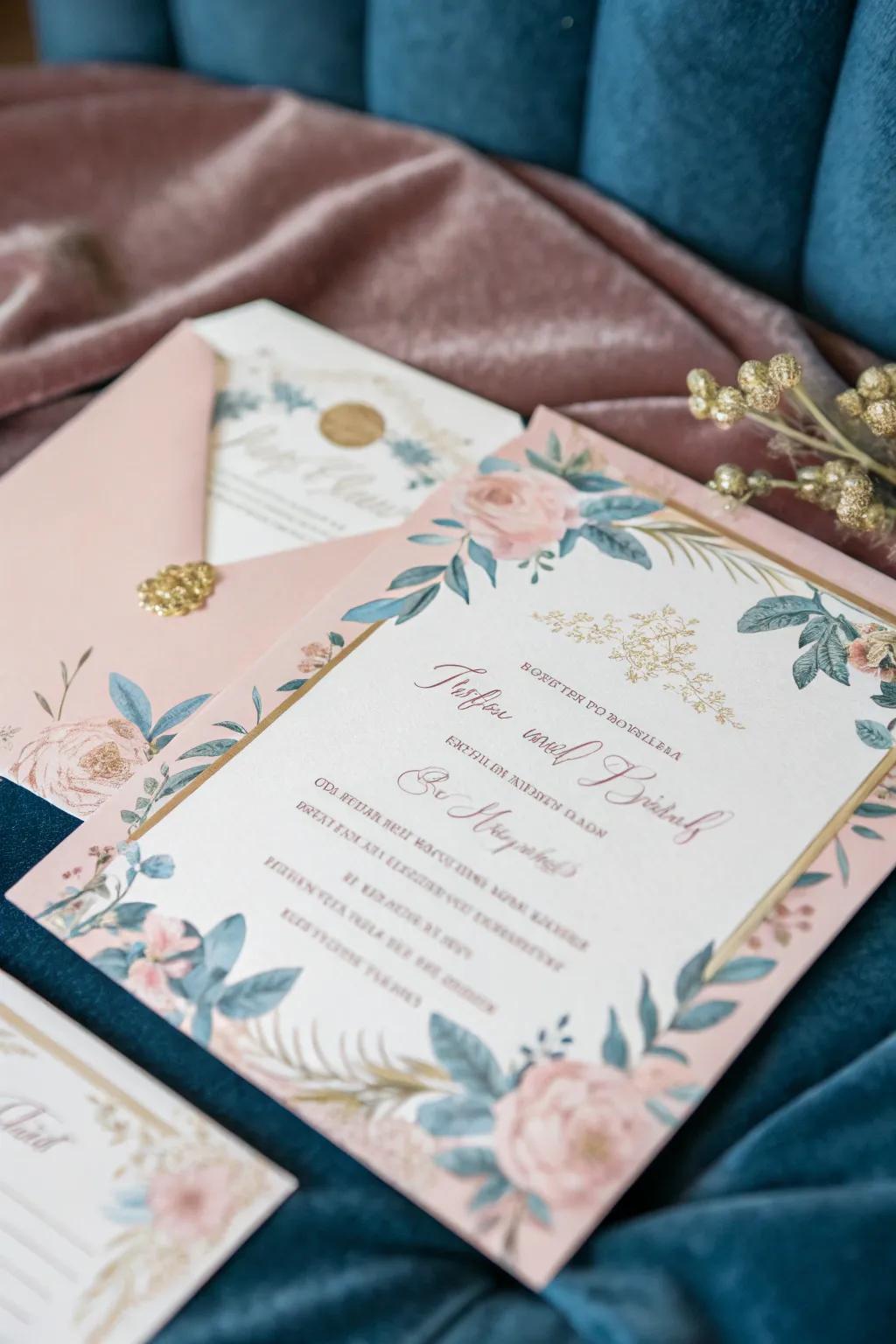 Announcement in pale rose and soft sky blue on a velvet texture.