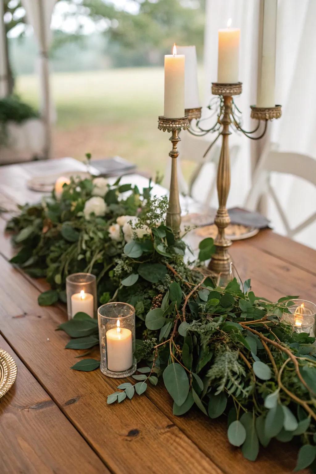 Flora and lights crafting an organic centerpiece.