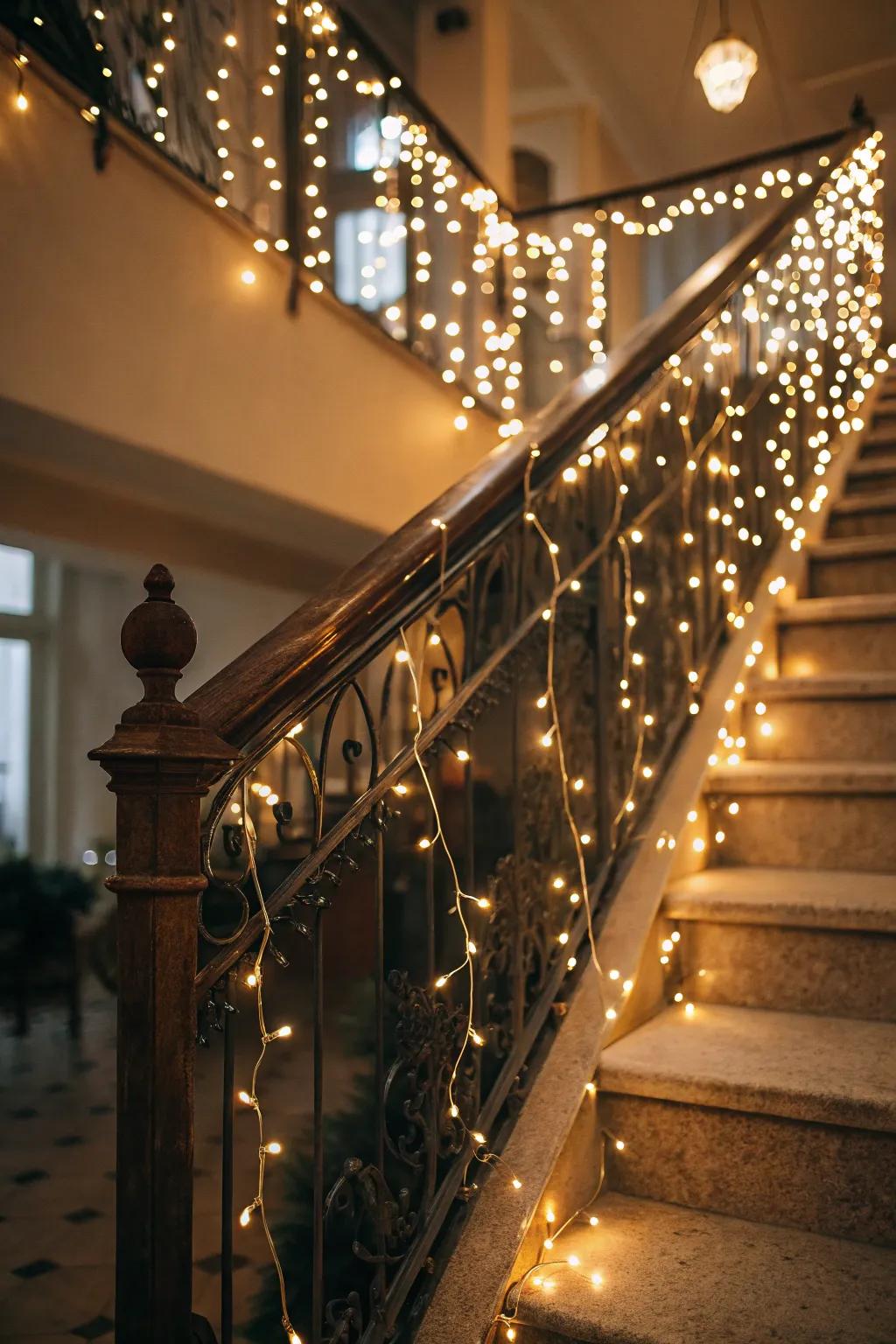 Strand lamps conjure a captivating and starry visual effect on this staircase designed for nuptials.