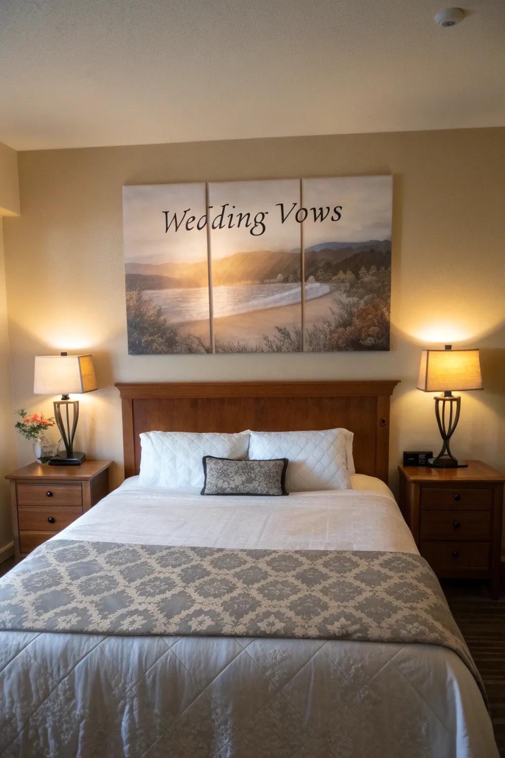 Romantic linen prints of vows above a cozy bed.