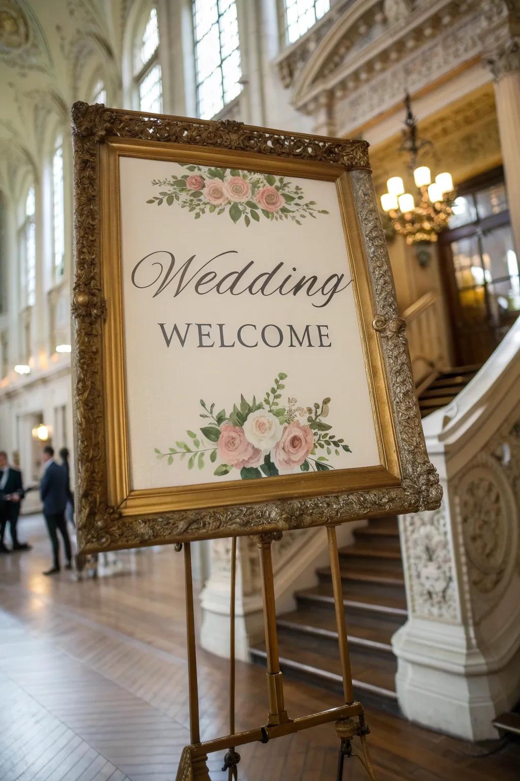 An old-time welcome board in a fancy frame, ideal for a historical place.
