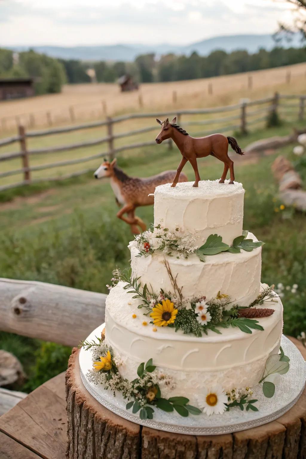 Cake topped with western creature sculptures.