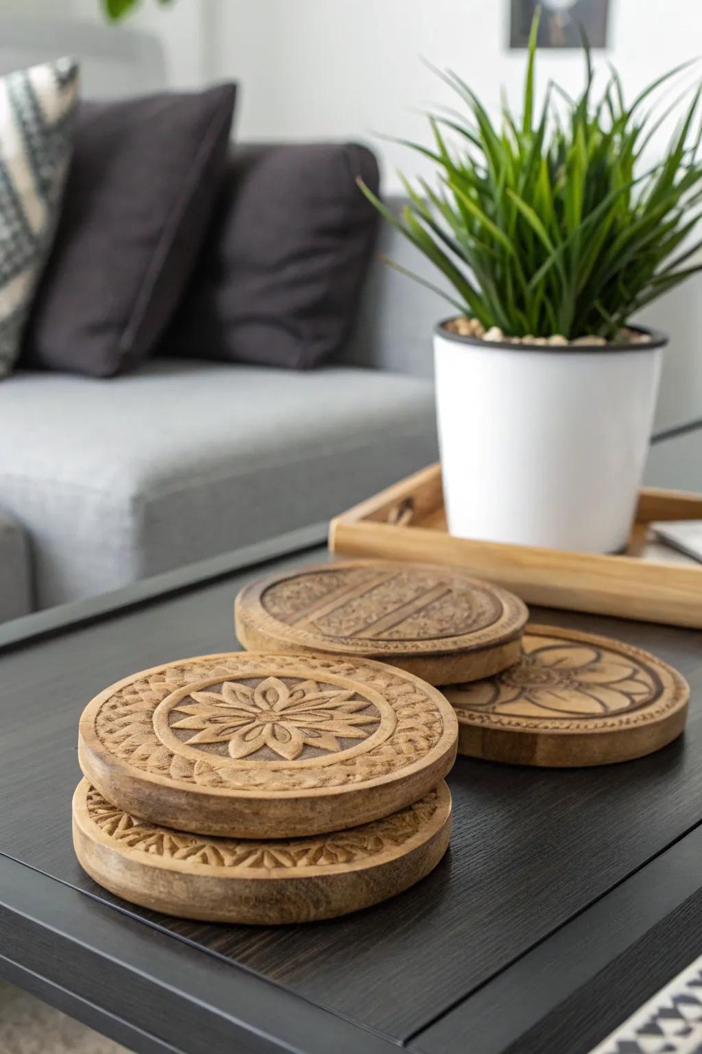 Hand-turned wood coasters contribute a hint of rustic beauty.