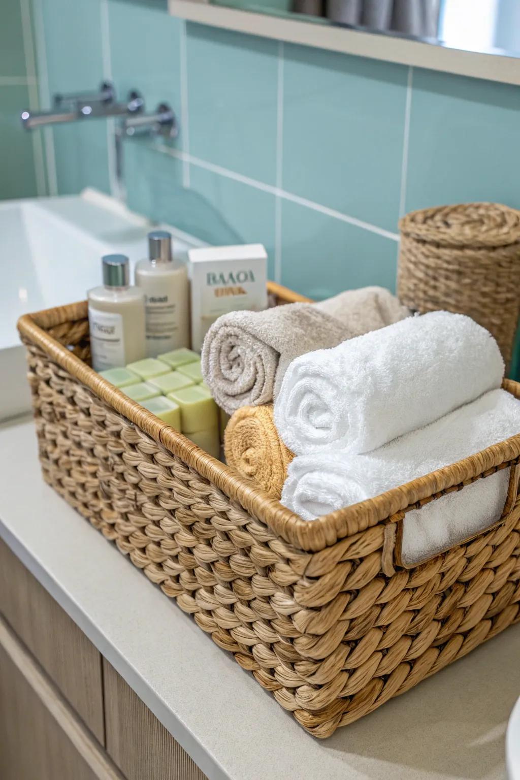 The washroom gains a spa-like vibe from a basket housing towels and soaps.