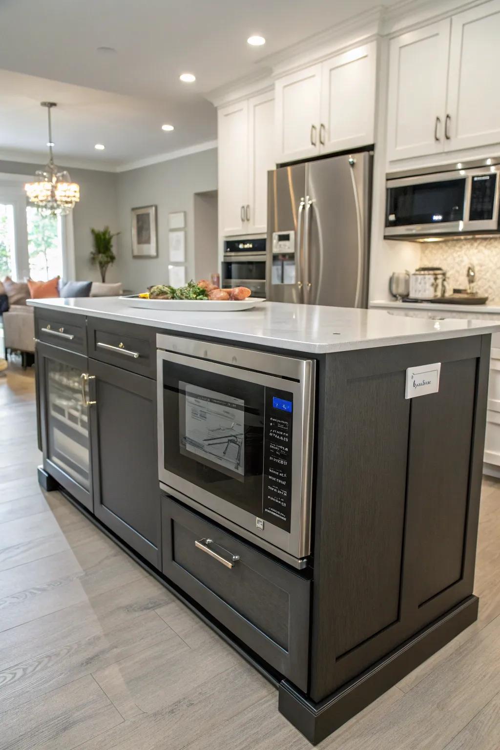A kitchen island featuring an integrated wave cooker enhances efficiency and flow.