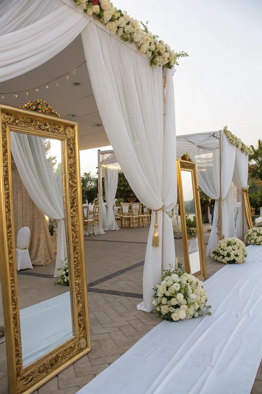 Grand decoration with draped ceilings and gold accents.