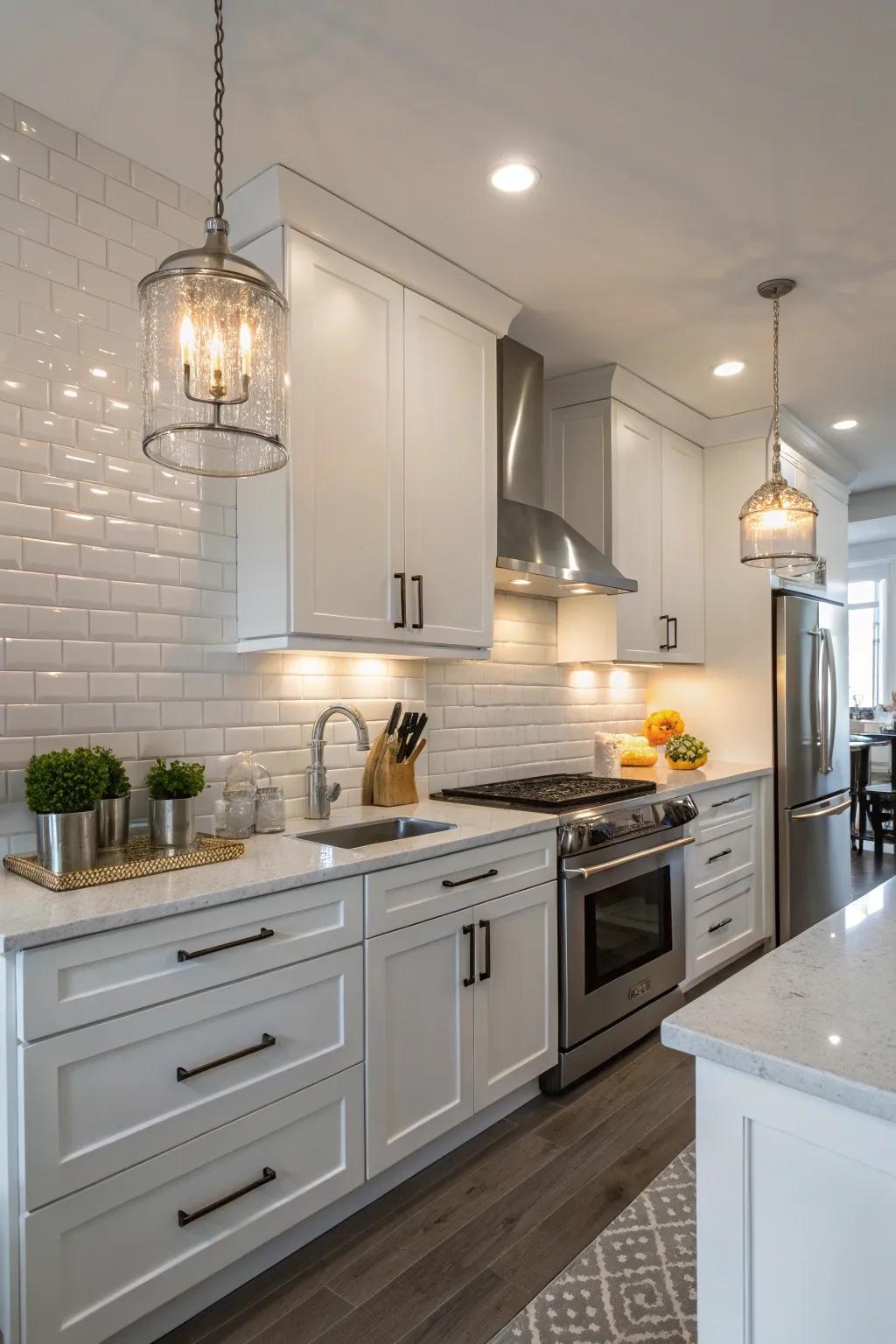 Glossy bricks reflecting light to brighten the space.