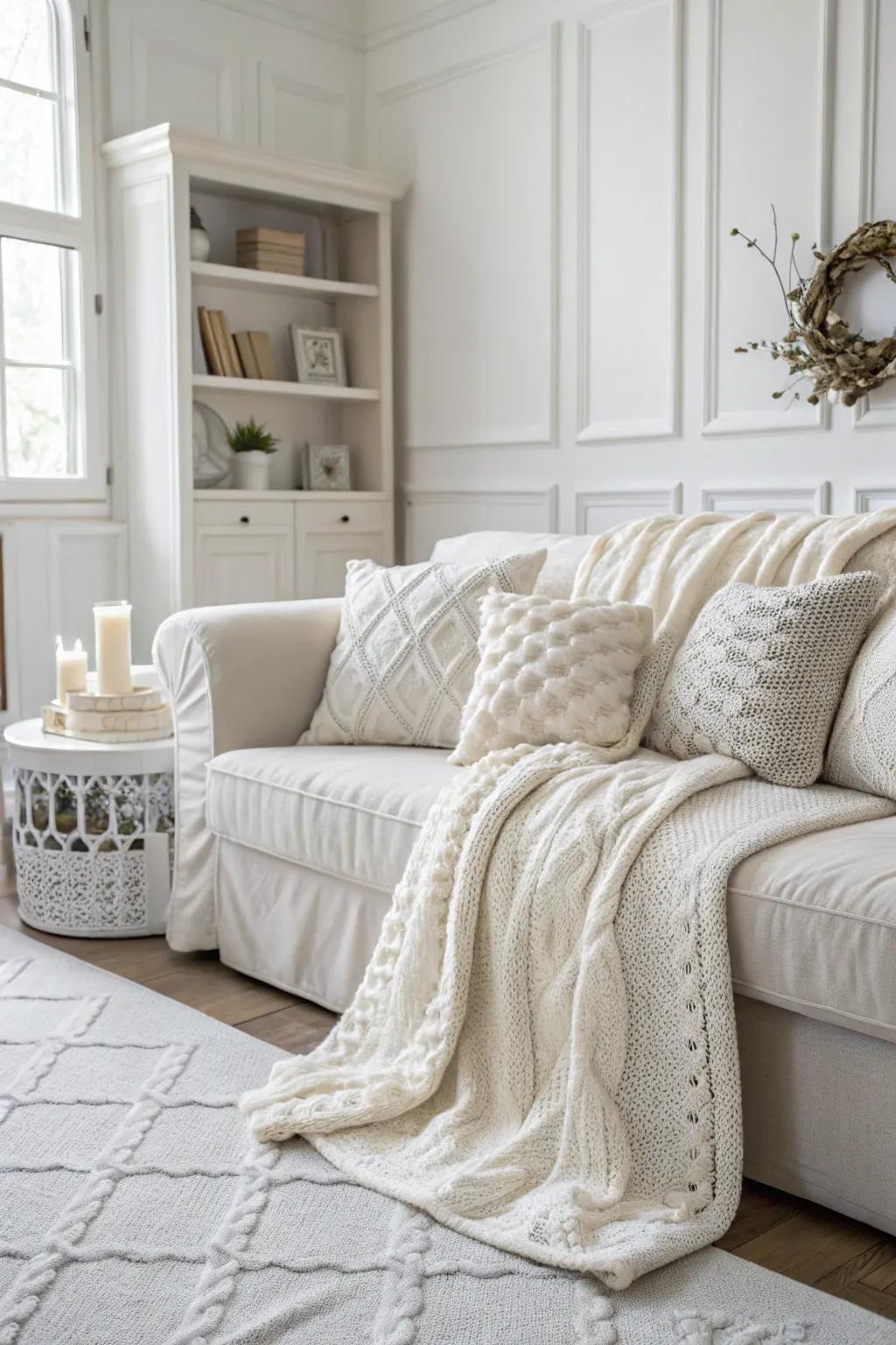 Knitted wraps and cushions beckon comfort and coziness into your celebratory design.