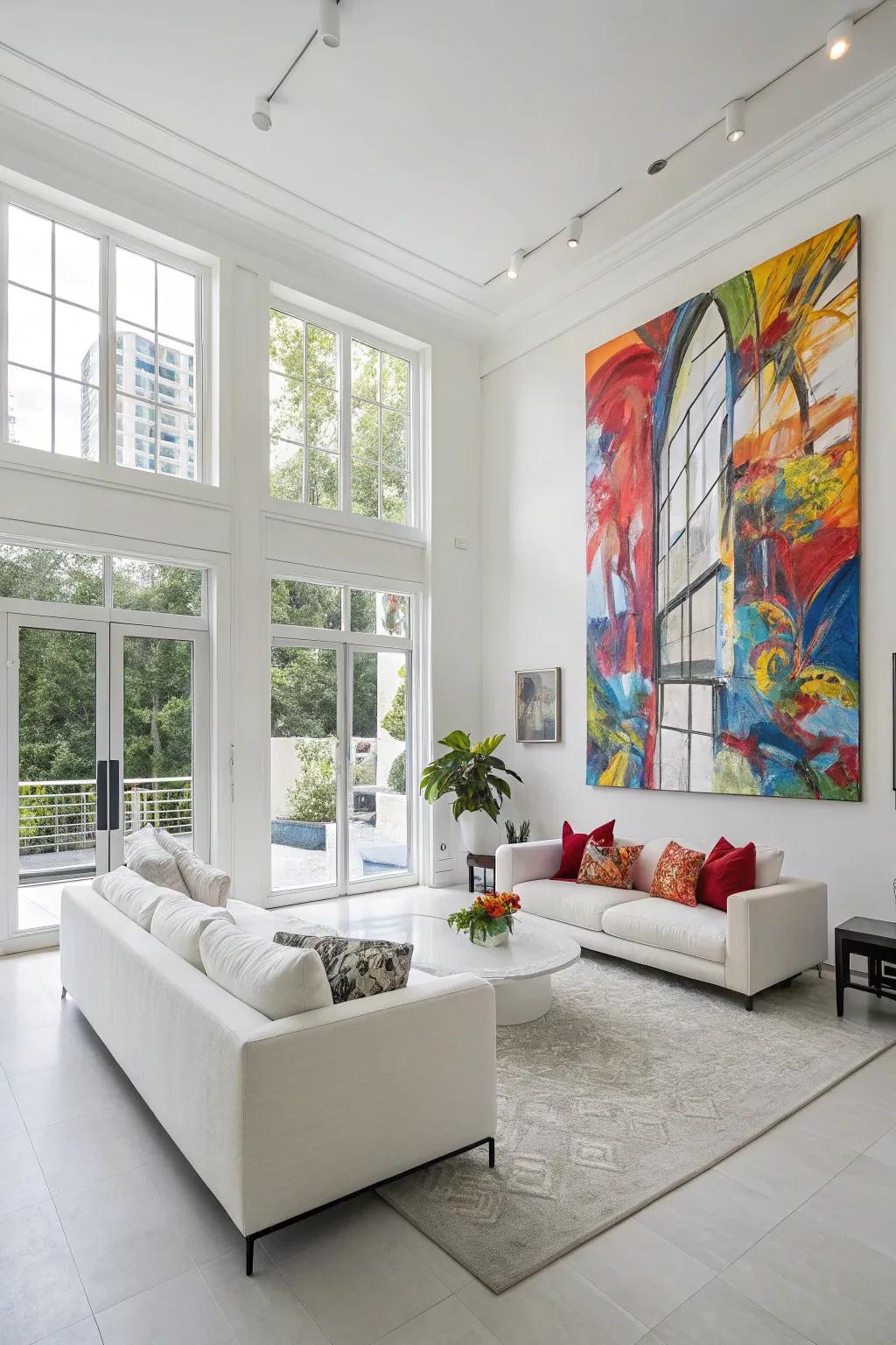 Modern art offers a striking contrast in a white space.