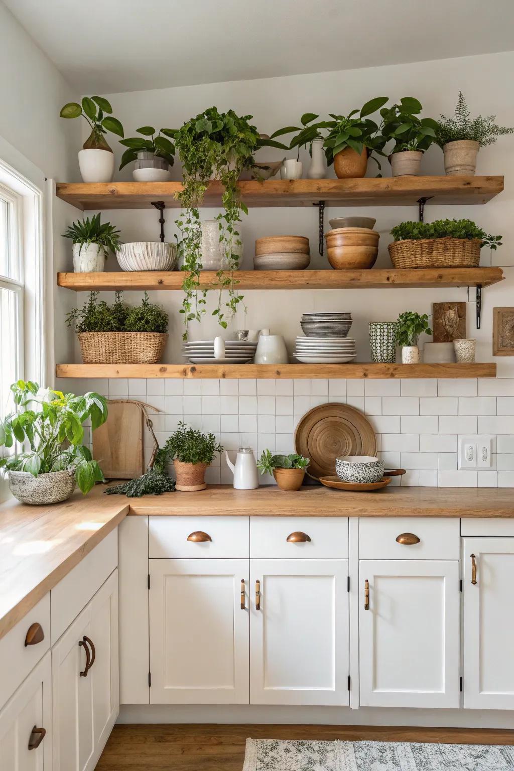 Wall shelving provides both storage and fashion in this modern farmhouse cooking area.