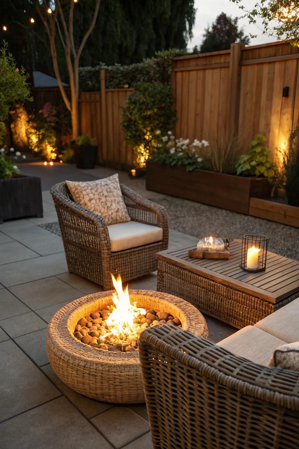 A cozy fire feature setting showcasing wicker furnishings.