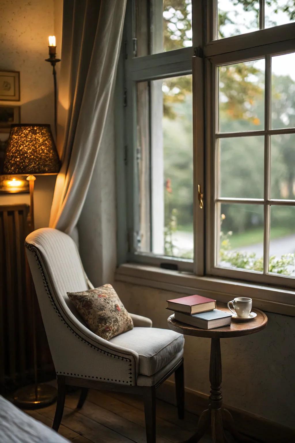 A small, intimate window nook is ideal for reading by oneself.