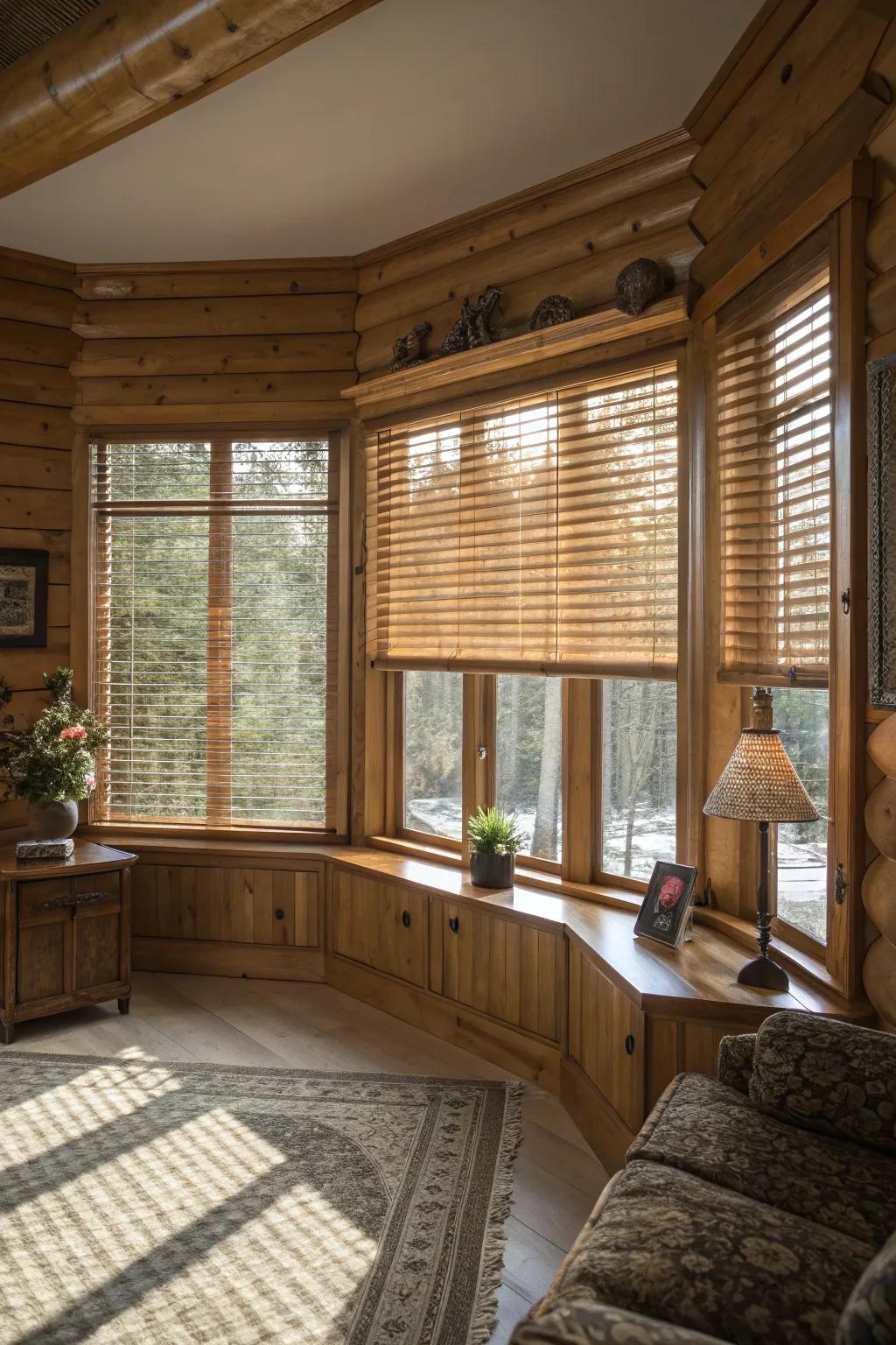 Hardwood blinds introduce warmth and sophistication to bay windows.