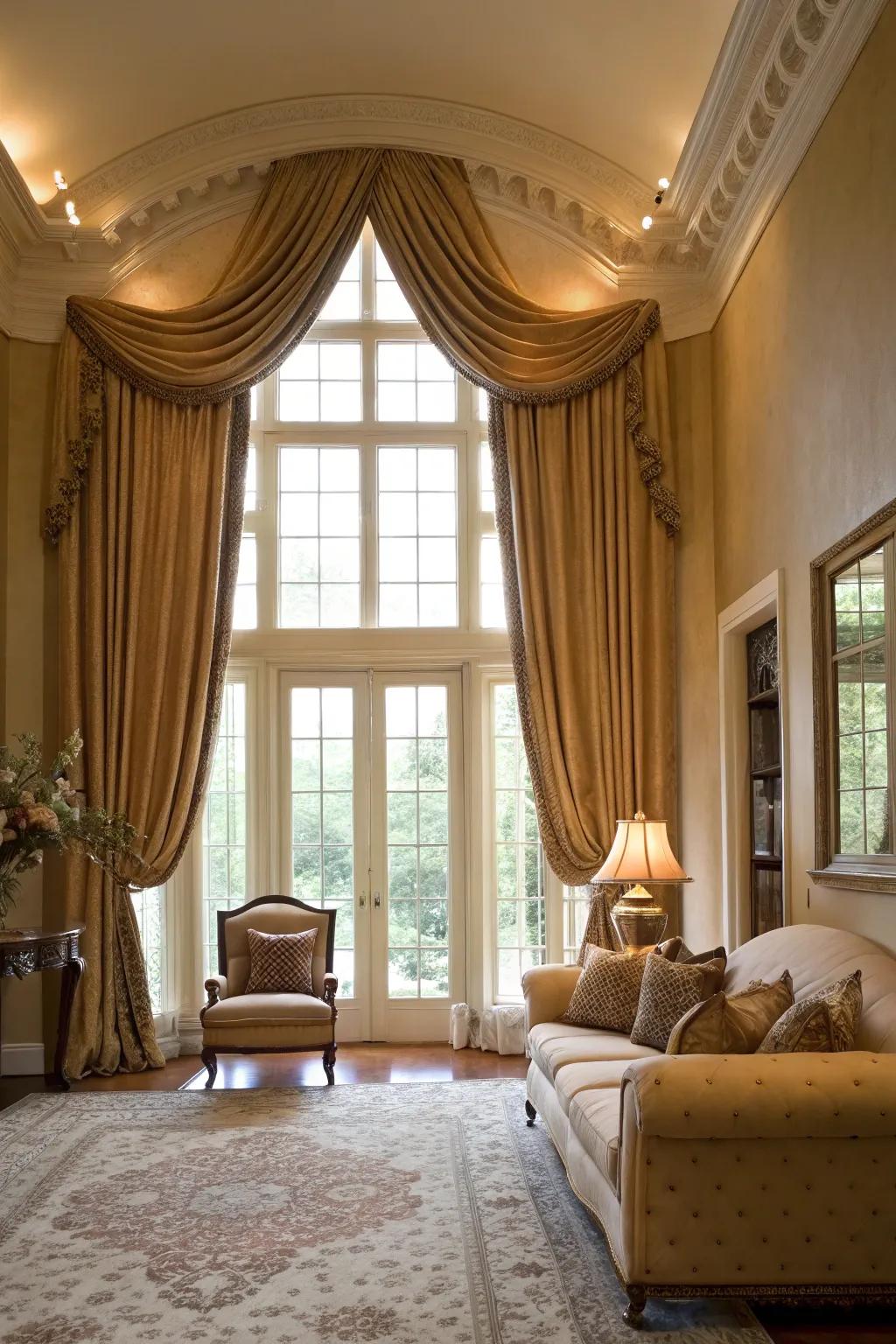 Full-length drape treatments lend drama and elegance to casement windows.