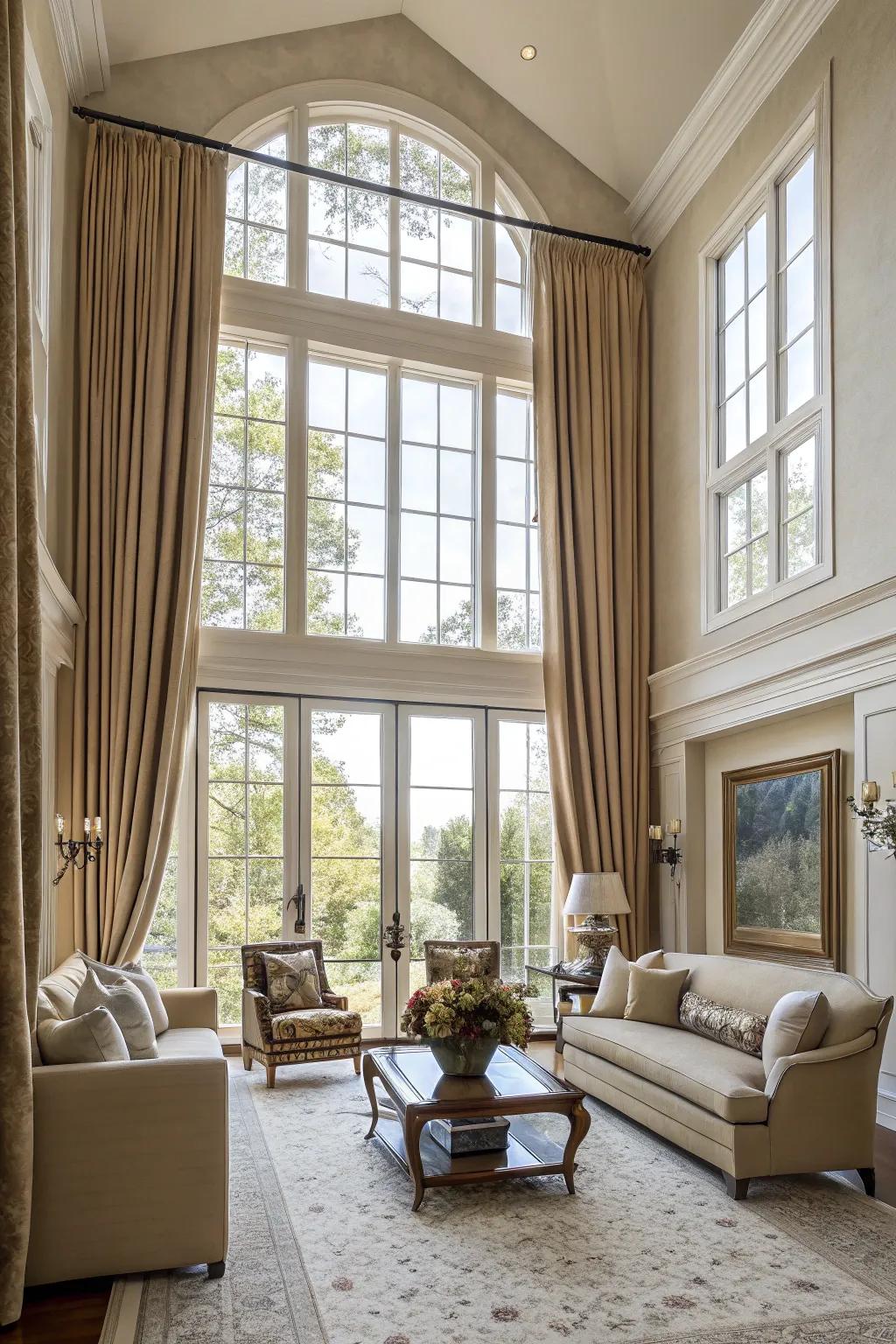 Floor-to-ceiling curtains produce a dramatic and elegant effect.