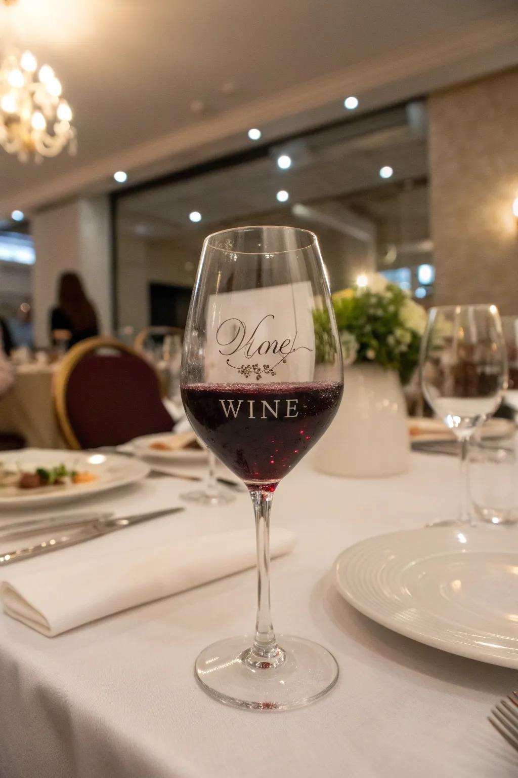 Custom-designed text on wine glasses makes every toast unique.