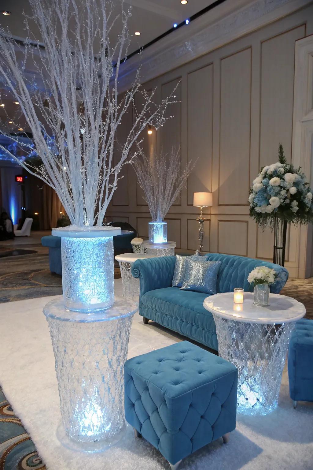 A sophisticated glacial azure reverie aesthetic featuring frosted-like ornamentation highlights.
