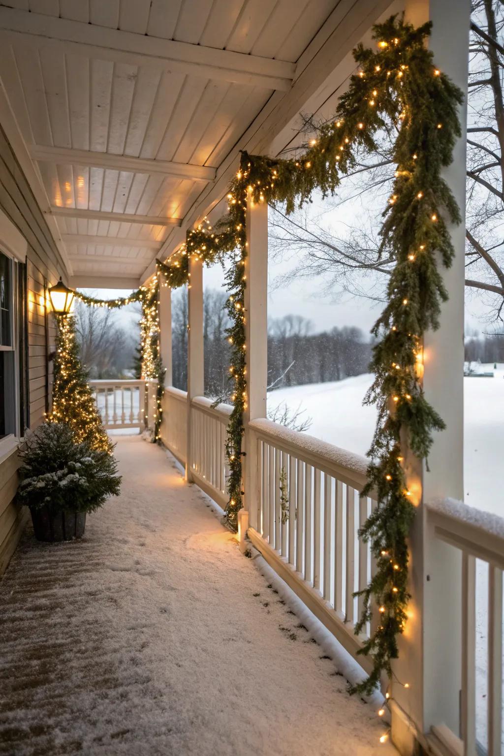 Sparkling fairy lights woven through garlands on a winter porch.