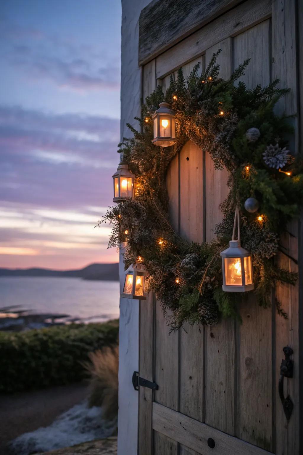 Lit by lanterns, this wreath casts a mesmerizing winter illumination.