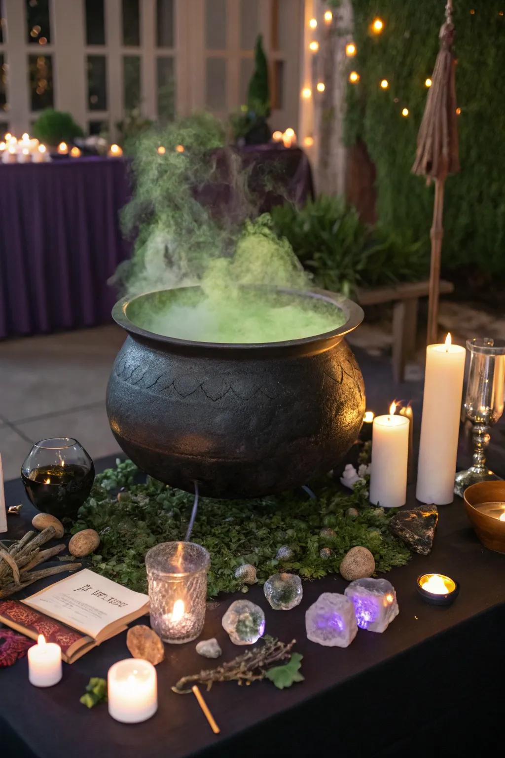 A cauldron focal point imparts dramatization to the ornamentation.