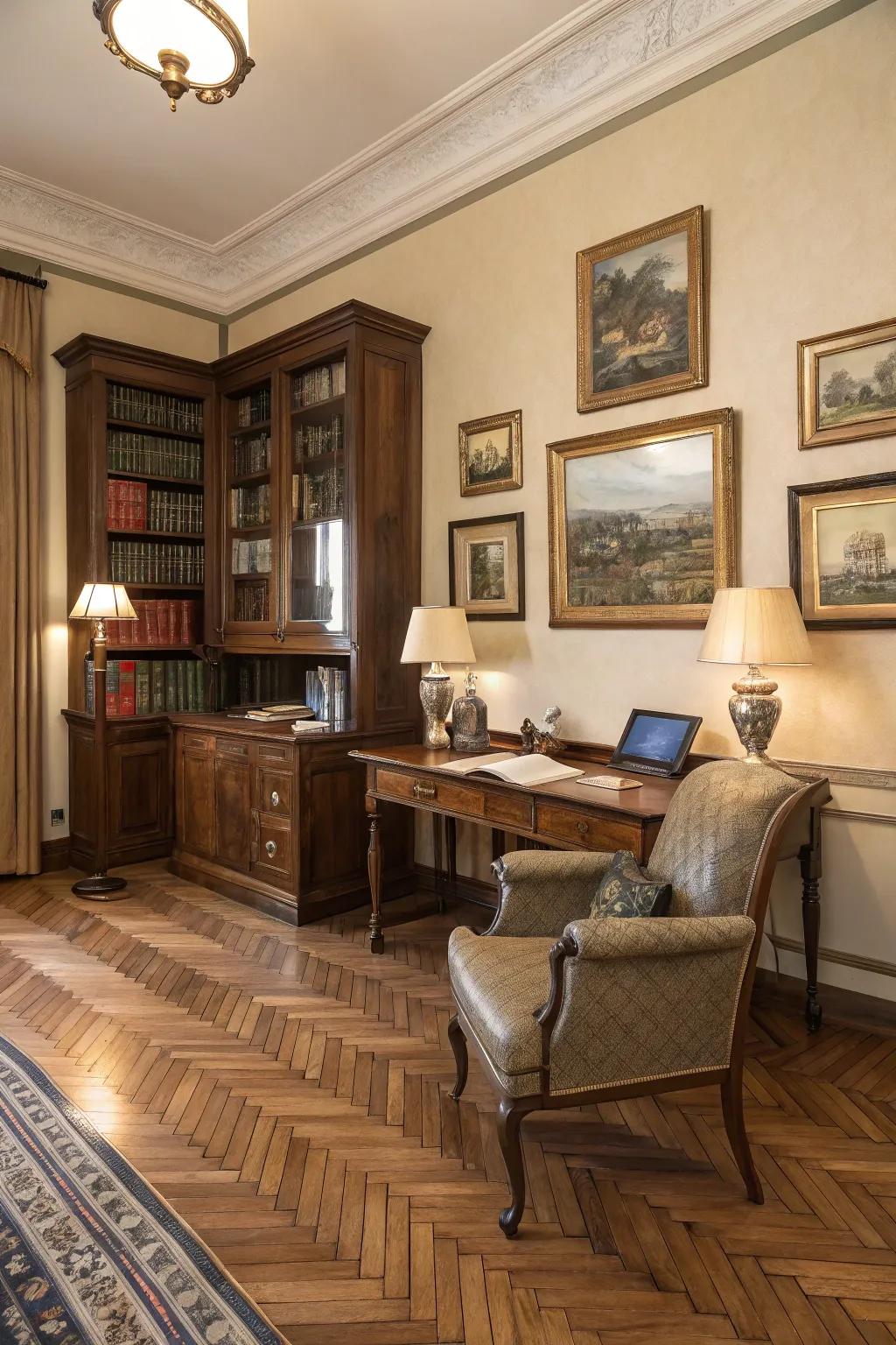 Herringbone patterns add sophistication to any space.