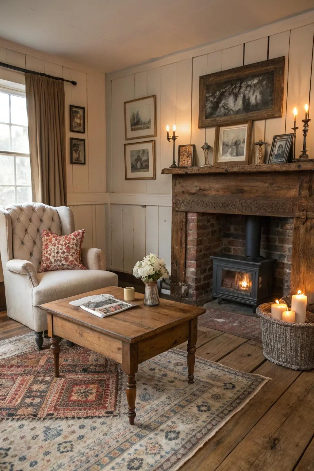 Inviting rustic space featuring vintage reused timber flooring.