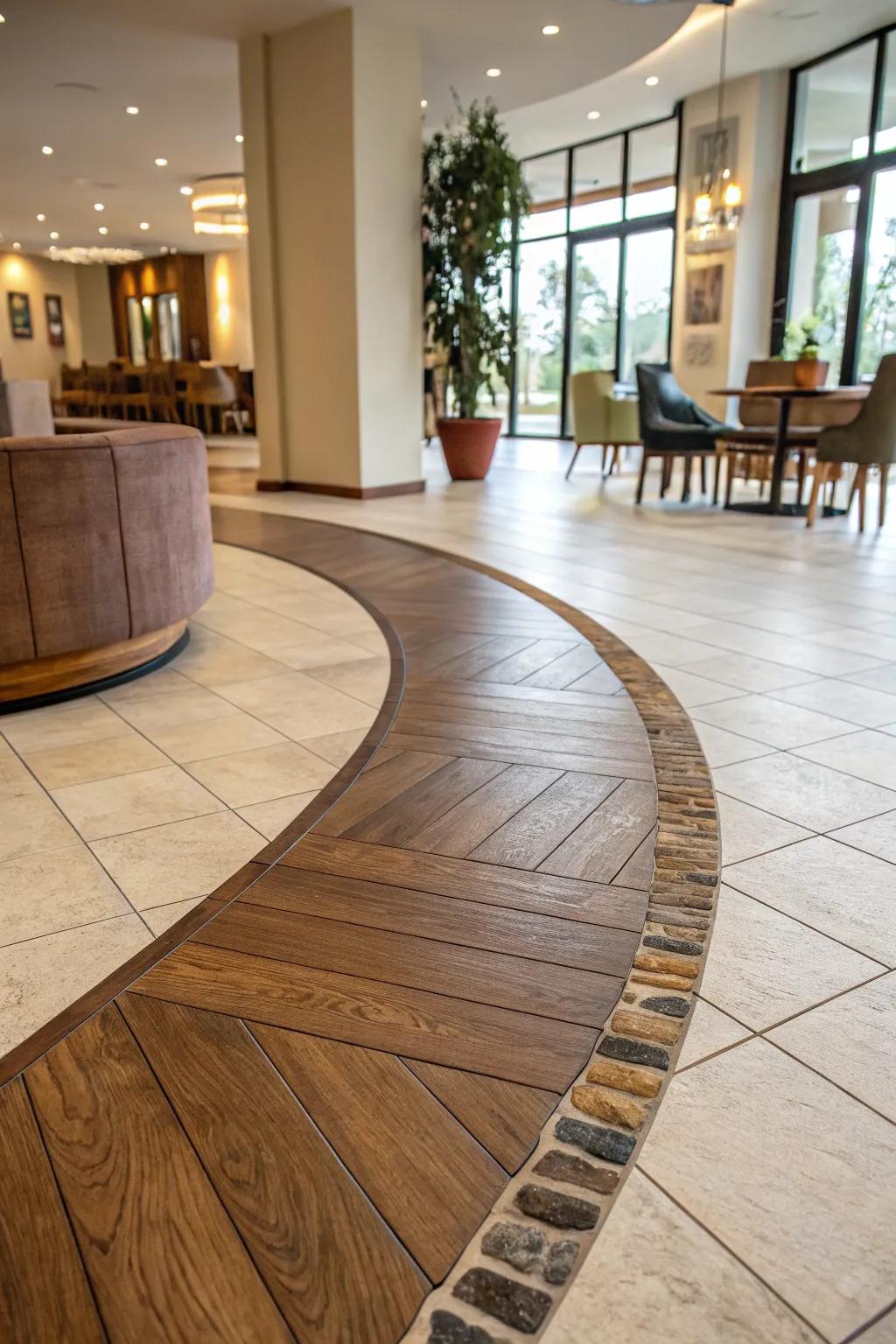 An artistic interior displaying a rounded shift between wood and tiled floors.